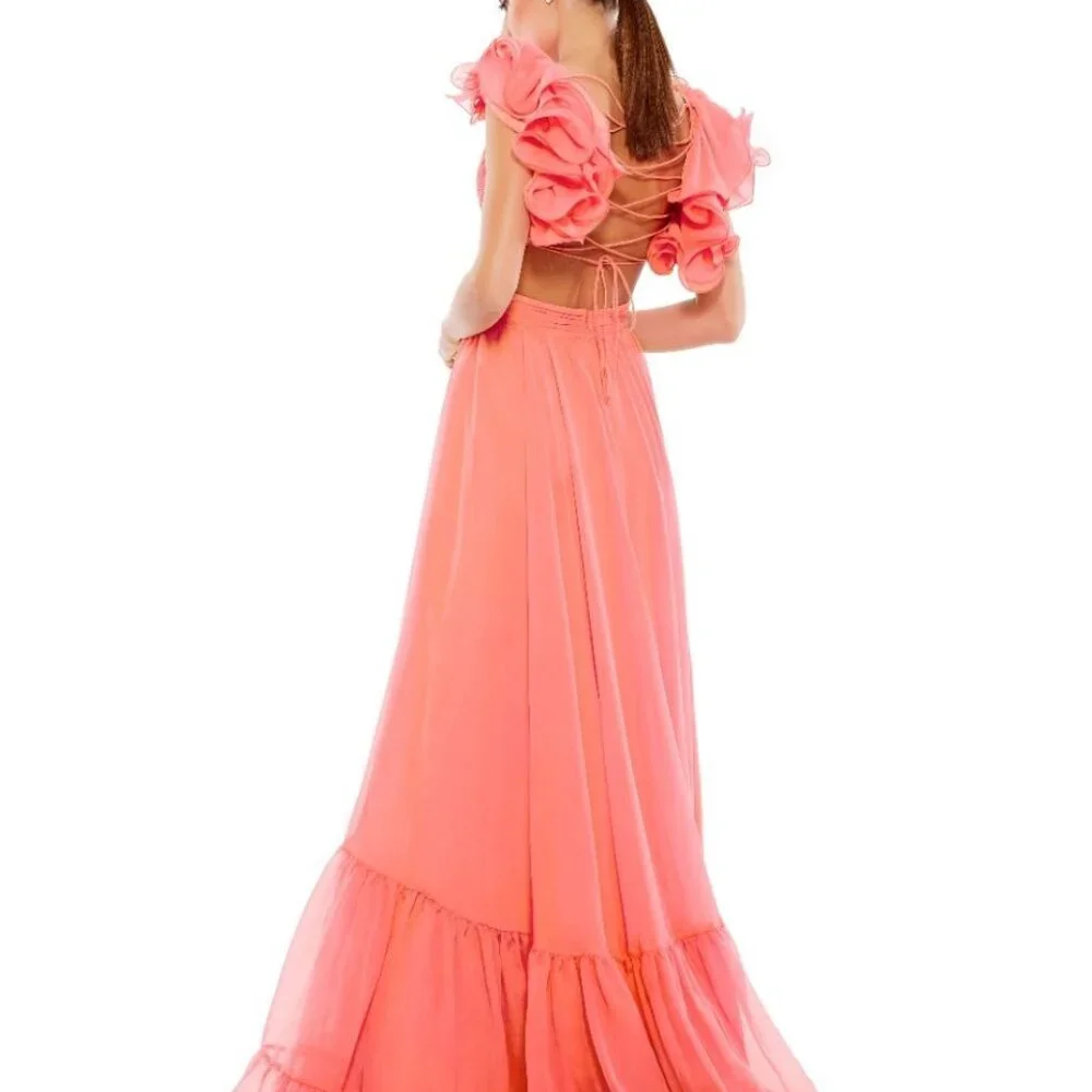 NWT Mac Duggal 67911‎ Size 6 RUFFLE TIERED CUT-OUT CHIFFON GOWN CORAL